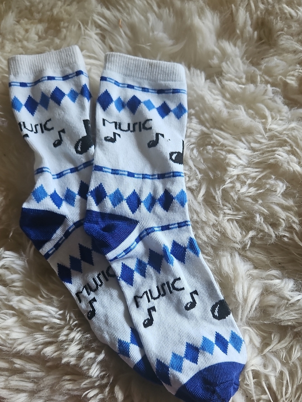 Blue & White Music Pattern Crew Socks - Kid Small